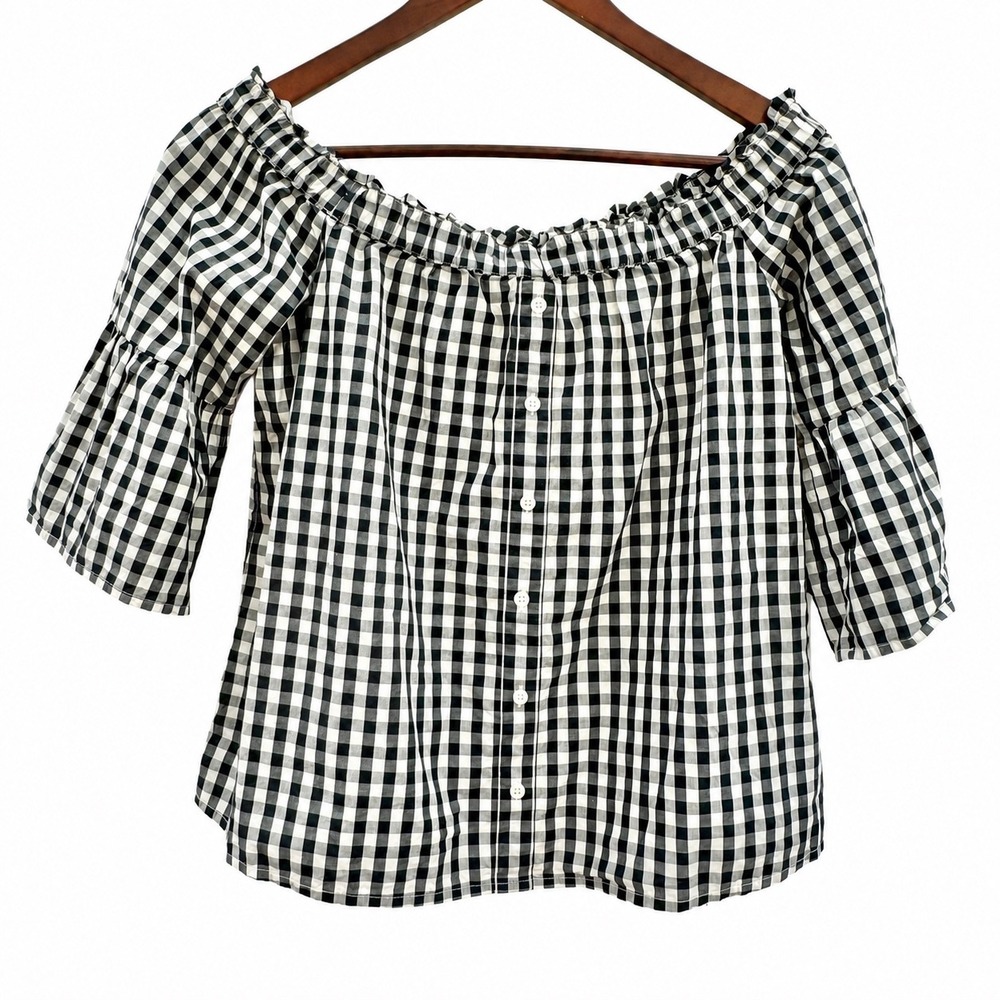 Abercrombie & Fitch Gingham Off The Shoulder Bell Sleeve Top Black White XS